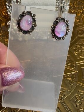Pink Moonstone Antiqued Sterling Silver S925 Stud Earrings